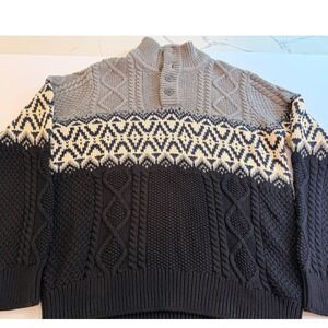 LL Bean Signature Mens Gray Fair Isle Cotton Fisherman Henley Sweater Large‎ NWT